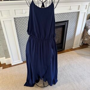 Soprano navy hi-low ruffle hem, faux wrap dress